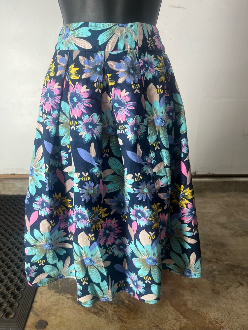 Floral A-Line Midi Skirt in Navy with Multicolor Blooms